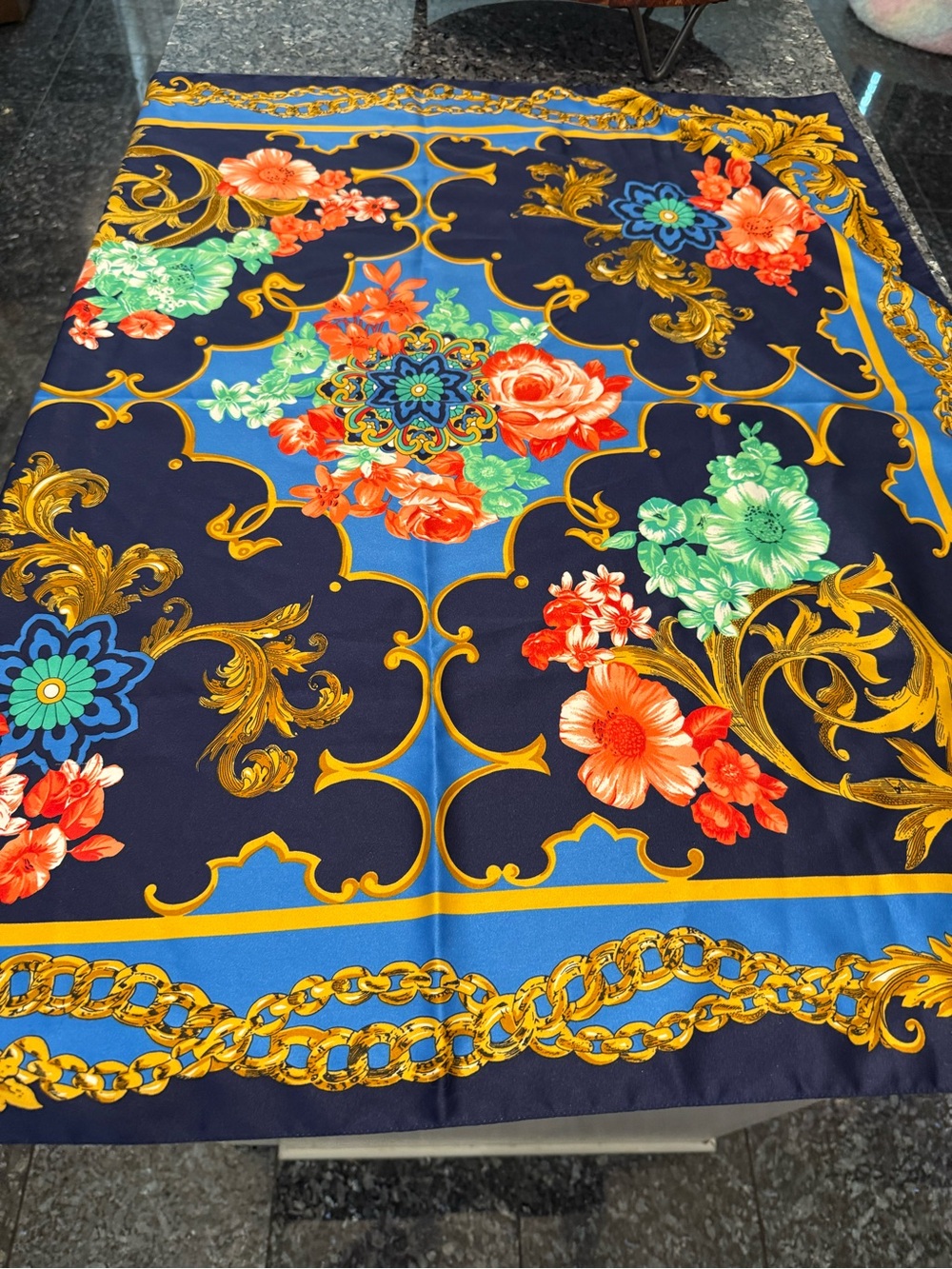 Vintage Berkshire Scarf Floral Vibrant Chain Link Barque Made Italy blue red